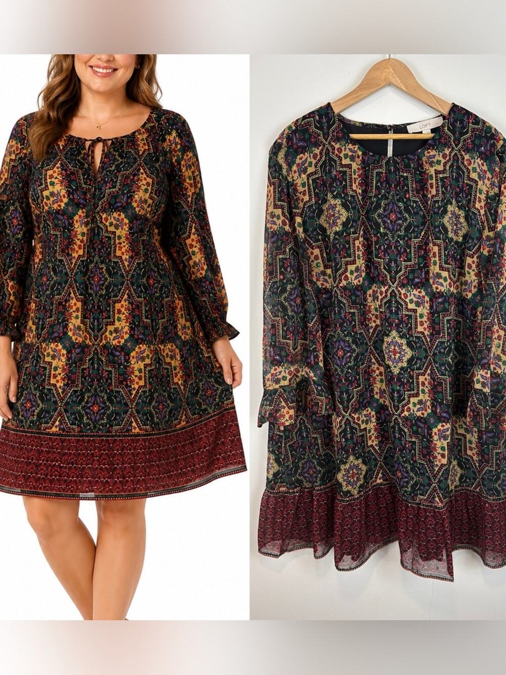 LOFT Boho Peasant Dress XXL Patchwork Floral Sparkle Midi Festival Holiday Flowy